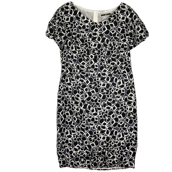 HUGO BOSS Dress US 10 Silk Black White Navy Geometric-Print Short-Sleeve Zip - Picture 1 of 14